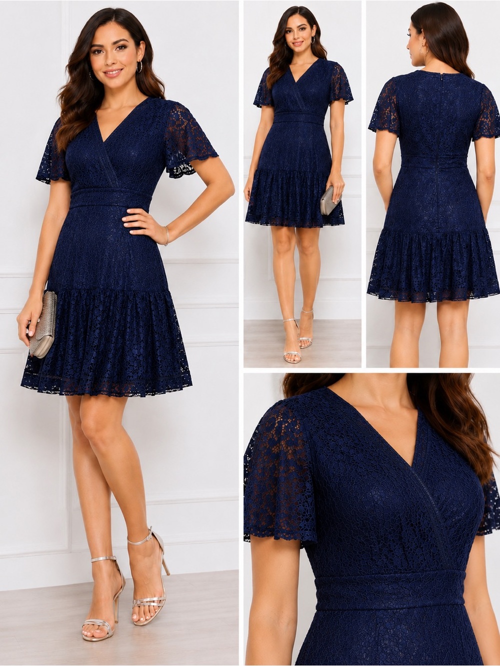 Eliza J Navy Blue Lace Fit & Flare Cocktail Dress | Size 8 | Flutter Sleeve
